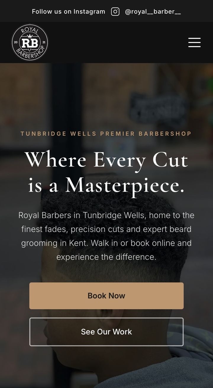 Royal Barbers website, homepage