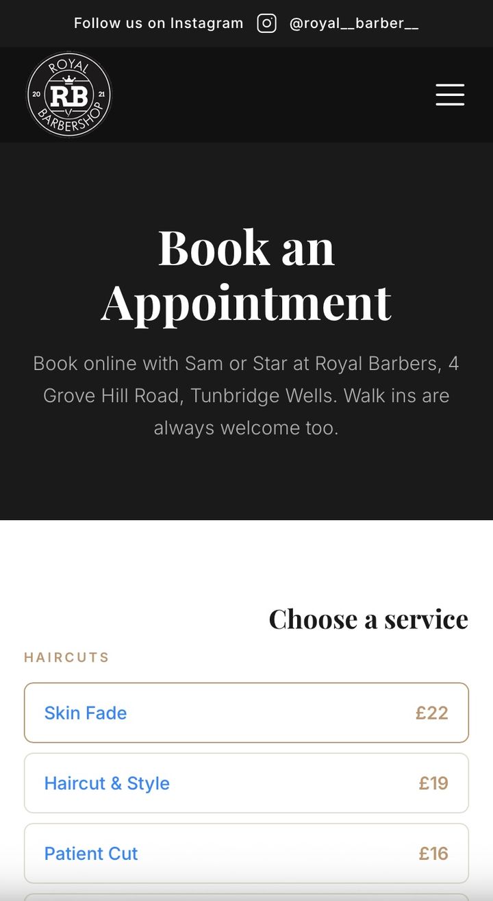 Royal Barbers website, about section